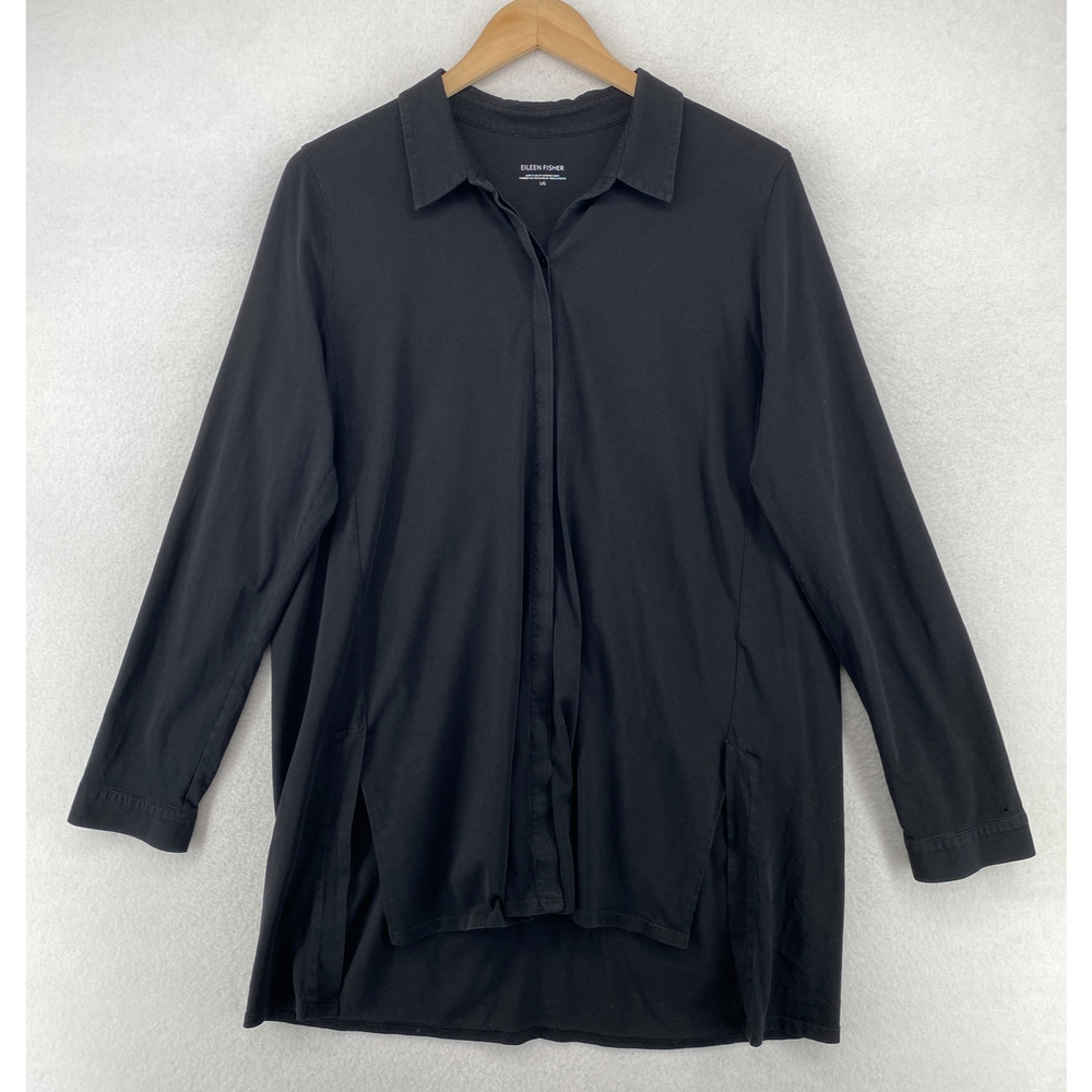 EILEEN FISHER Top L Organic Cotton Jersey Tunic Shirt Hidden Button Up Black USA